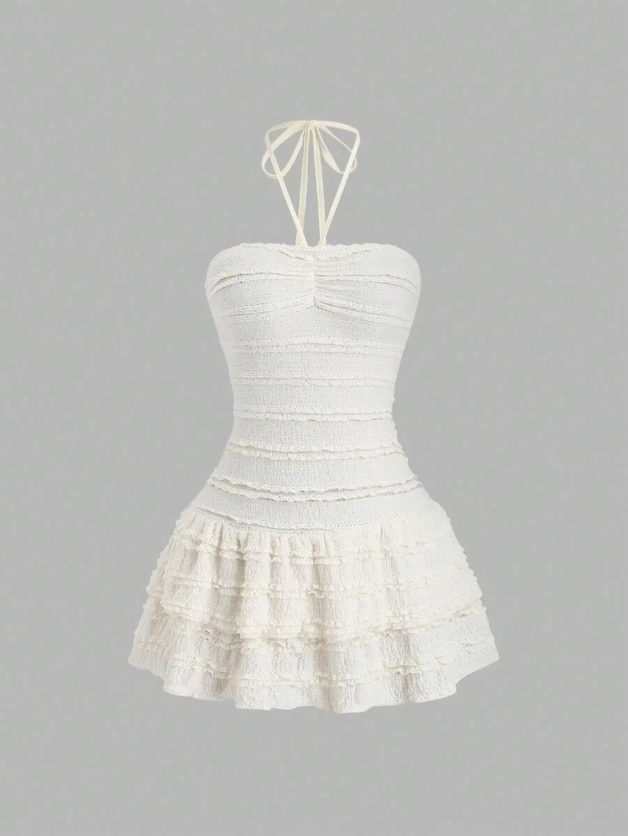 VRONA Monochrome Woven Surface Choker Fasten Frill Edge Sundress Beach Getaway Apparel Clean Girl Aesthetic