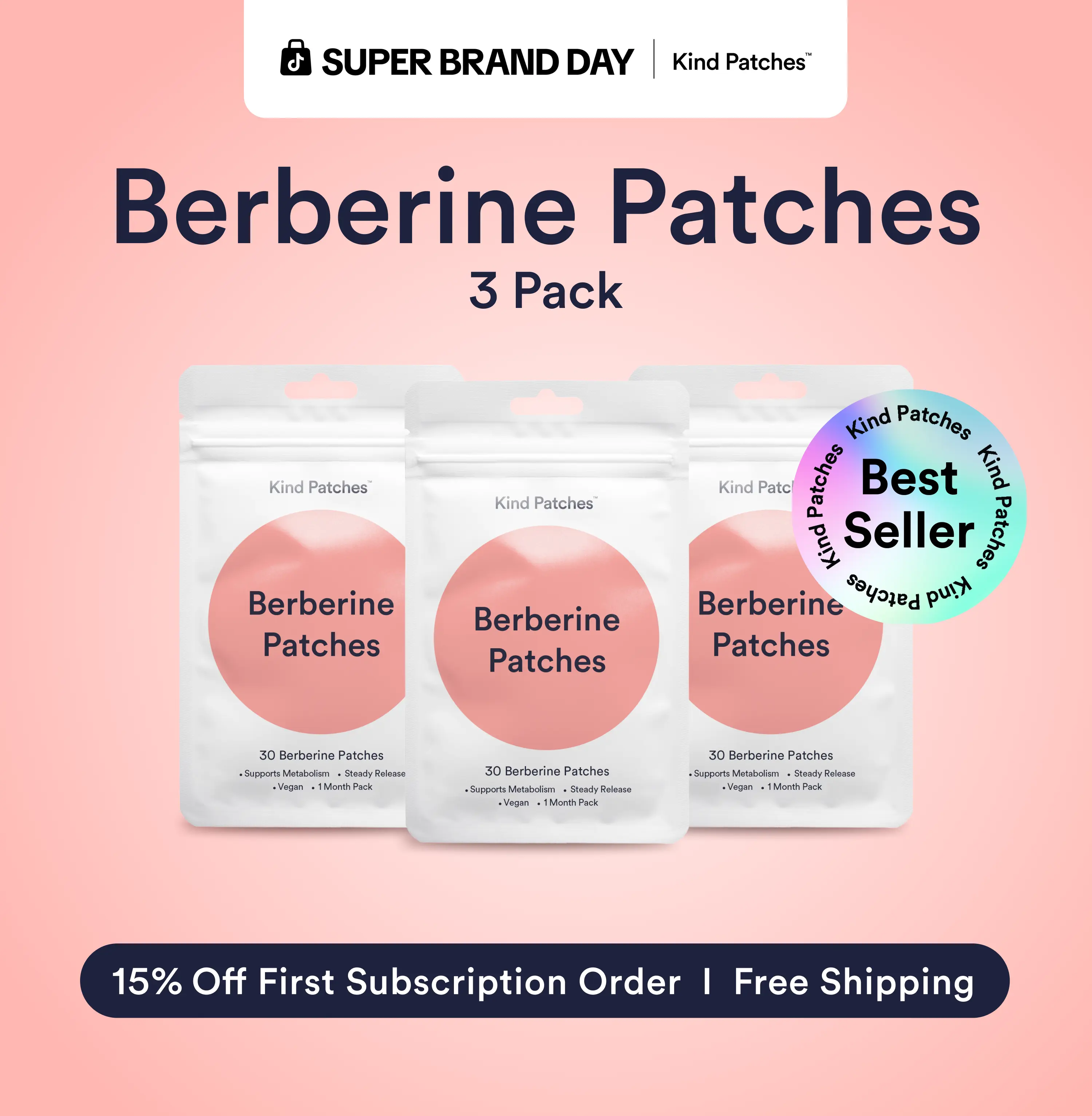 3 Packs of Kind Patches Berberine Patches, Support Metabolism Naturally, Natural Energy, Body Reset,Steady Release, Plant-based Ingredients, Absorbs through the Skin,Vegan, 3 Months Supply