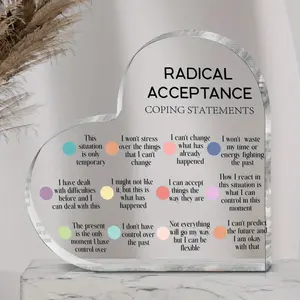 1pc Formaldehyde Heart-Shaped RADICAL ACCEPTANCE COPING STATEMENTS Acrylic Plaque Sign, Decorative Plaque, Universal Holiday Decoration, Motivational Desktop Decoration, No Electricity Required, Feather-Free, Christmas, Halloween, New Year