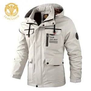 LEDUNTINO Men's Fitted Athletic Letter-Print Hooded Windbreaker Jacket - Waterproof Long-Sleeve Coat with Zipper-Button Closure, Pockets, Durable Fabric for Autumn Casual Outdoor Use