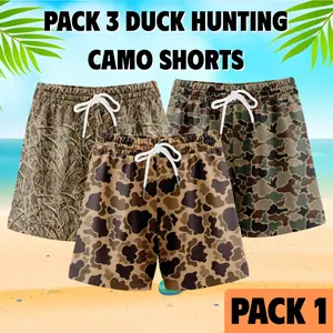 Pack 3 Duck Hunting Shorts with 5 inch Inseam Realistic Camouflage Athletic Shorts, Breathable and Workout-Inspired Design daily wear Mesh Outdoor