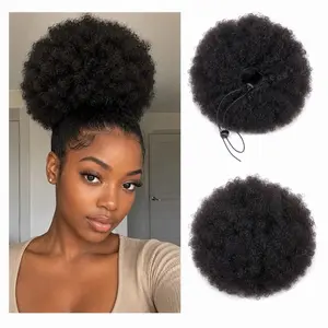 Sissi Charles Human Hair Afro Puff Drawstring Ponytail – 10 Inch Natural Black Kinky Curly Puff Extension