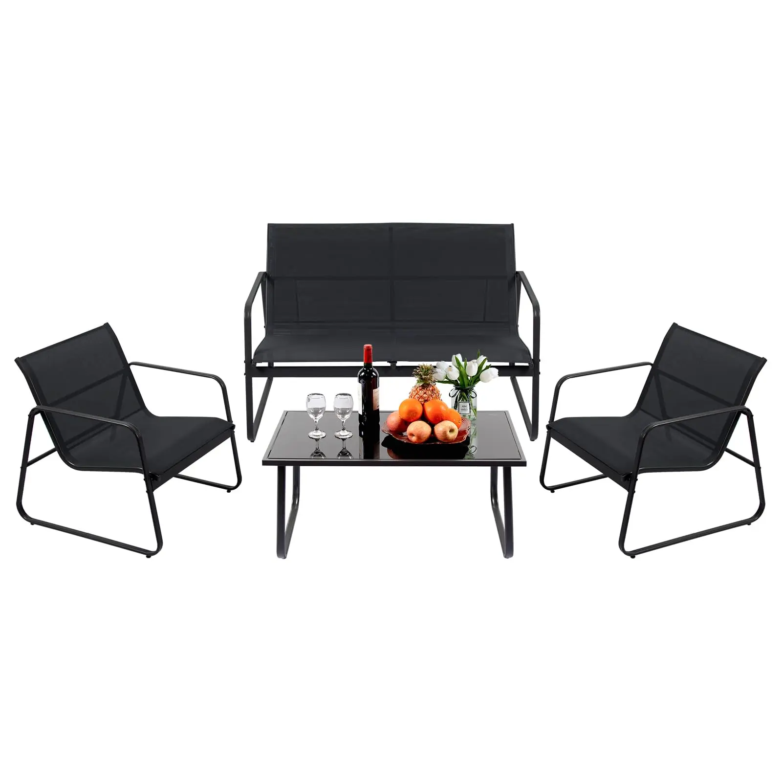 4-Piece Outdoor Patio Furniture Set | Weather-Resistant Conversation Set with Glass-Top Coffee Table & Breathable Mesh Seating | Black Bistro Set for Backyard, Porch & Garden