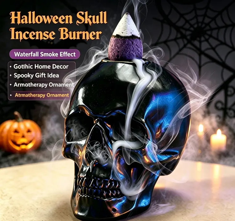 Black skull incense burner stand, skull incense burner waterfall, gothic-style desktop aromatherapy ornament, reverse-flow waterfall incense burner, niche dark-style home aromatherapy device, Halloween atmosphere decoration, creative aromatherapy gift