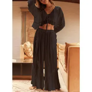 Women’s 2 Piece Pajama Set Long Sleeve Tie-up Front Crop Tops + Pants Set Loungewear(Raincoats)