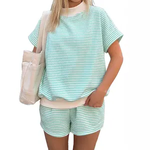 Znacicc Women's Stripe Mock Neck 2PCS Short Set - Contrast Cuffed Sleeve Casual Tee & Shorts for Errands Picnics Weekend Lounging Cute Relaxed Fit Clothes Womenswear