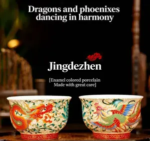 Jingdezhen Enamel Colored Porcelain Teacup Set - Dragon & Phoenix Pattern | Handcrafted Chinese Ceramic Tea Cups for Tea Ceremony