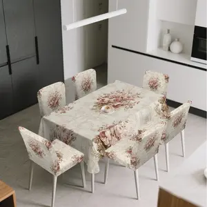 4/5/6/7pcs Blush Rose Bouquet Clusters Chair Cover And Tablecloth Set, Easy to Install & Care for, Fits Living Room, Kitchen, Camping, Party Must-Have, Home Decor & Nice Gift