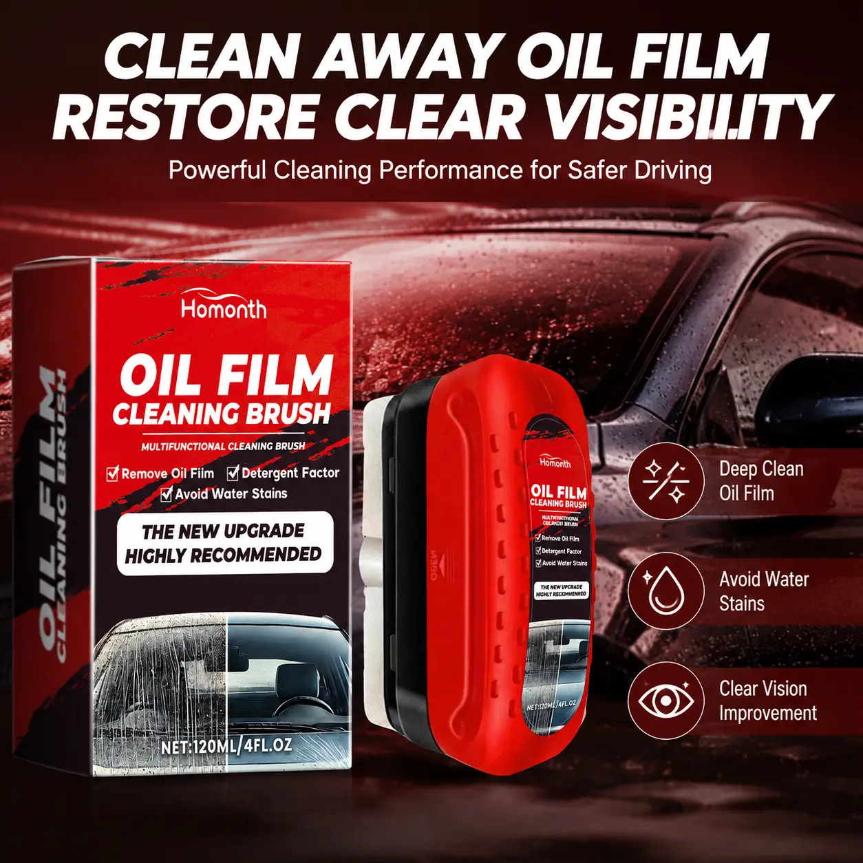 Windshield Oil Film Brush Cleaner Car Glass Oil Film Remover Fast Removes Dirt Grime Water Film & Oil Residue Streak-Free Finish Effortless Oil Film Removal Eraser Wand