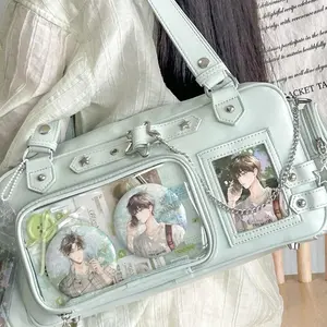 Vintage Glossy Ita Bag with Transparent Display Pocket, Multi-Color Kawaii Anime Shoulder Bag for Girls, Y2K Harajuku Streetwear Handbag for Anime Fans, Casual Daily Outdoor Commute Bag for Women