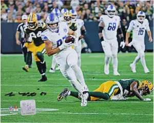 Sam LaPorta Detroit Lions Autographed 8" x 10" White Jersey Running Photograph - Fanatics Authentic Certified