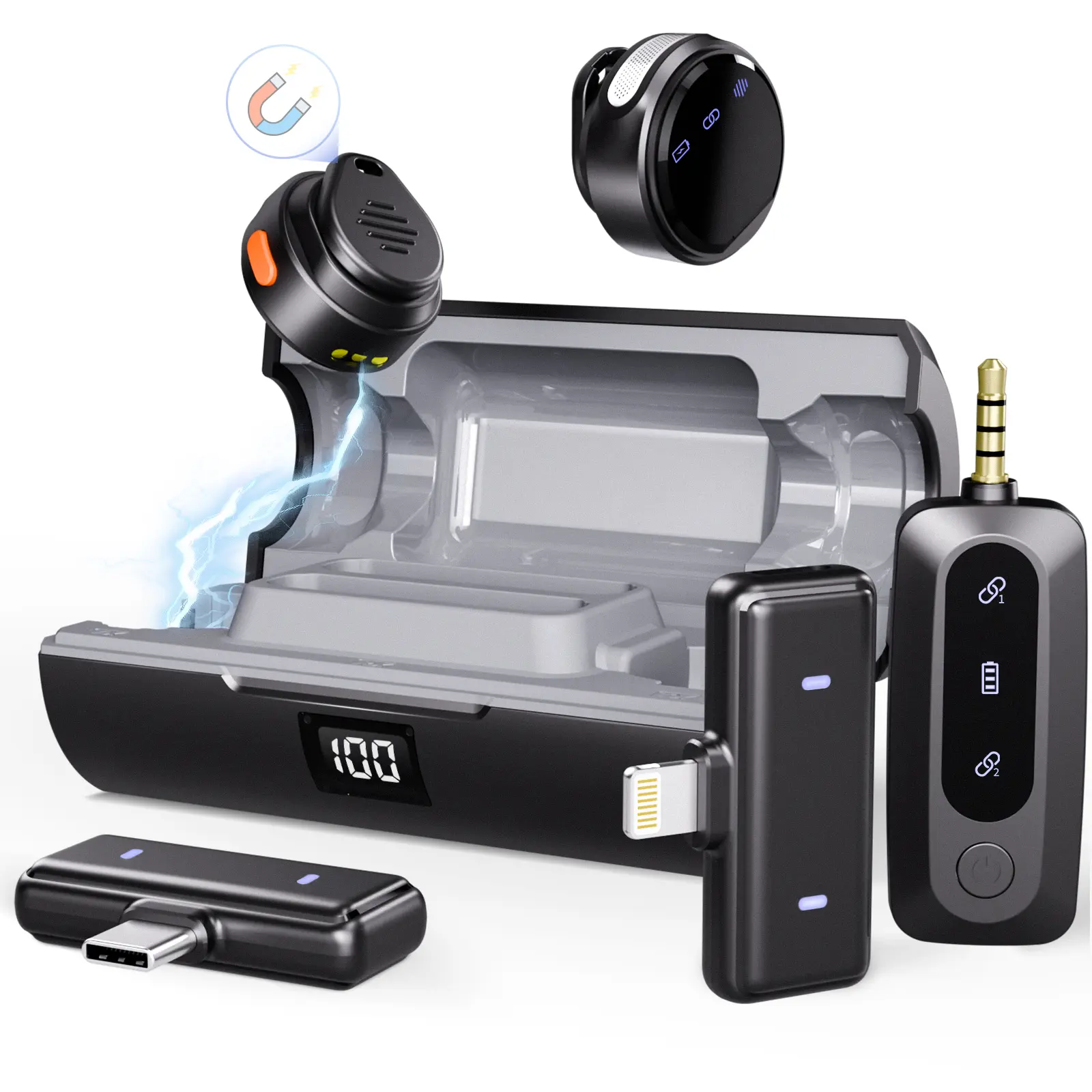 Moman Coin Wireless Lavalier Microphone Active Noise Cancellation With Lightning/USB-C/3.5mm Connector for iPhone/Android/Camera/Laptop/PC