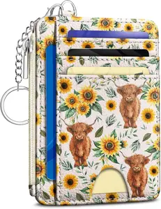 Highland Cow Sunflower Credit Card Holder Small Wallet Women, Slim RFID Blocking Wallet Woman Keychain with Zipper Coin Pocket, Front Pocket Thin Travel Card Case with ID Window Ladies Gifts