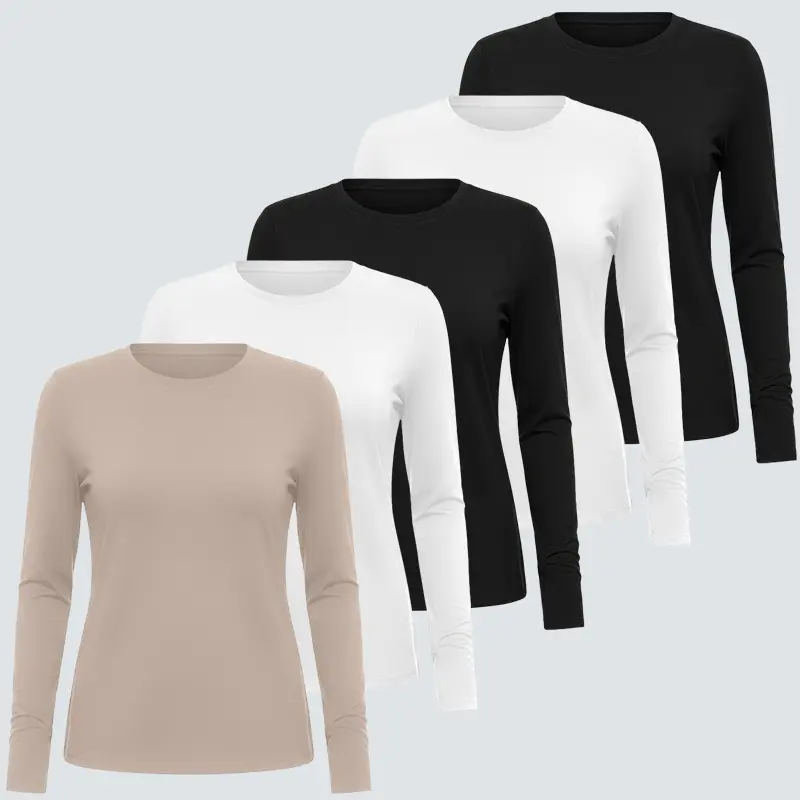 Veldtholos 4/5 Pack Female Polyester Long Sleeve Round Neck Basic Tops - Tight Slim-Fitted Compression Layer-Friendly Under Scrub Tops, Supportive for Lifting and Training