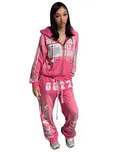 Streetwear Harajuku Retro Sportswear Two Piece Hip Hop Rock Patch Print Loose Hoodie Men Women Sweatshirt Punk Casual Sweatpants