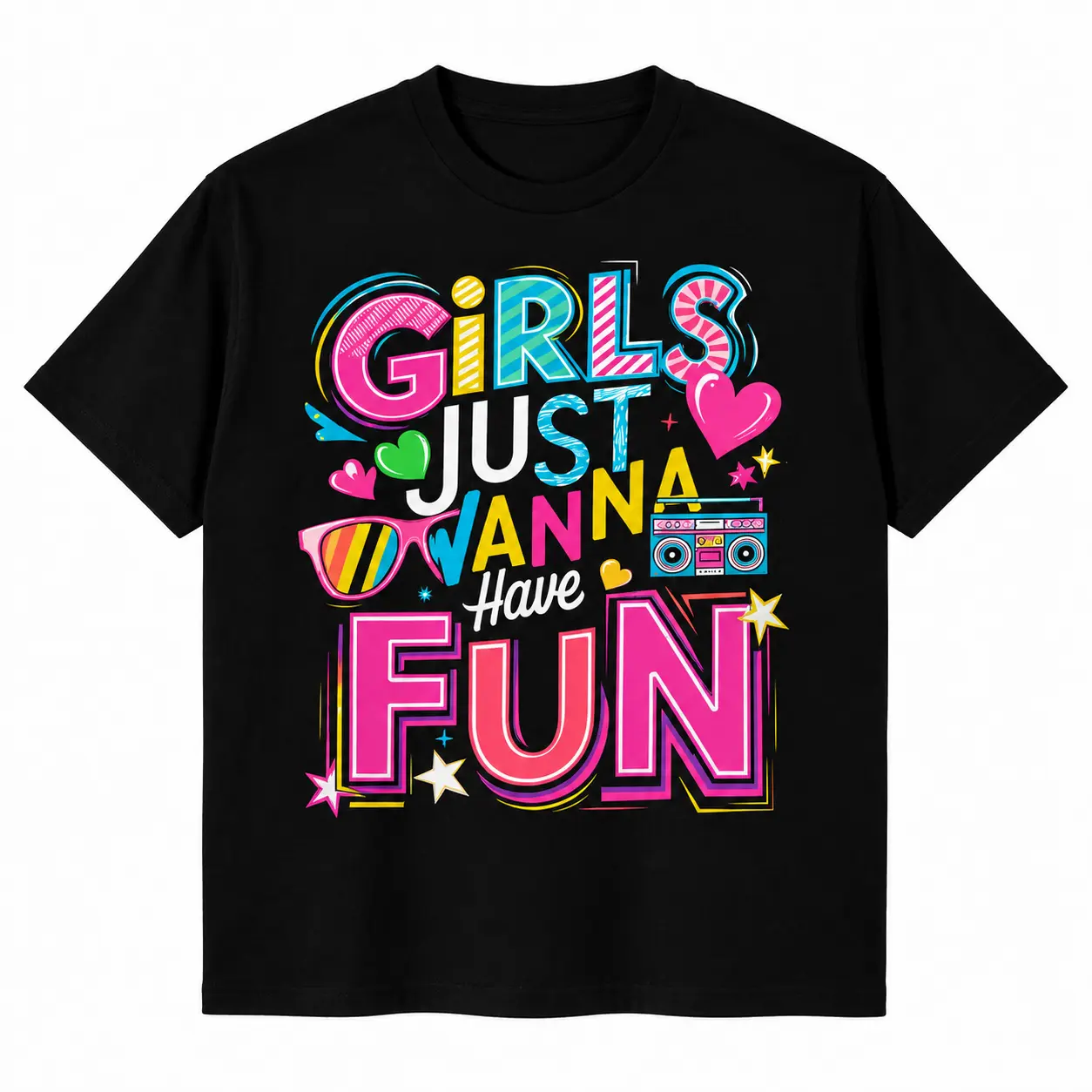 Women's "Girls Just Wanna Have Fun" Graphic T-Shirt - Retro 80s Party, Colorful Boombox Heart Star Print, Casual Short Sleeve Black Top (Womenswear)