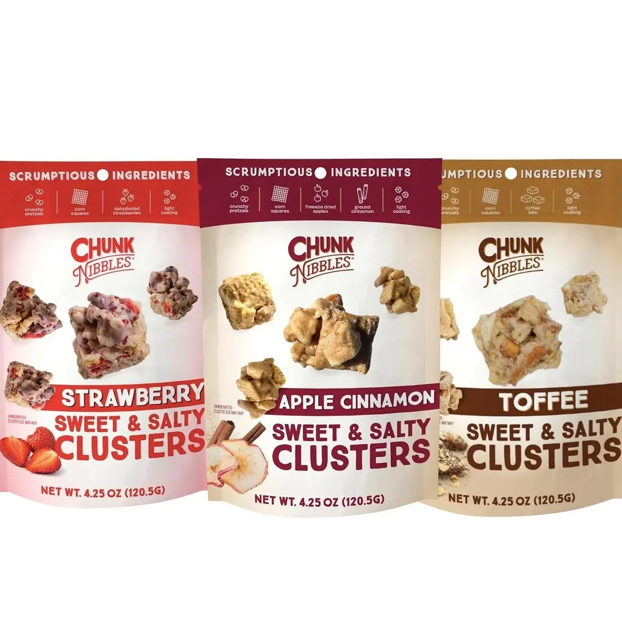 Chunk Nibbles Variety Snack Pack - Strawberry, Apple Cinnamon, Toffee Clusters - Gourmet Sweet & Salty Treat - Handcrafted, No Artificial Colors - 4.25oz Resealable Pouch (3 Pack)