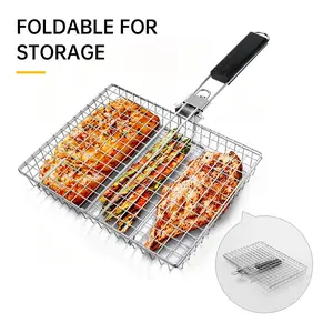 Foldable Handle Barbecue Grill Clip, Lockable & Foldable Grilling Basket, Stainless Steel BBQ Holder for Meats, Seafood & Veggies