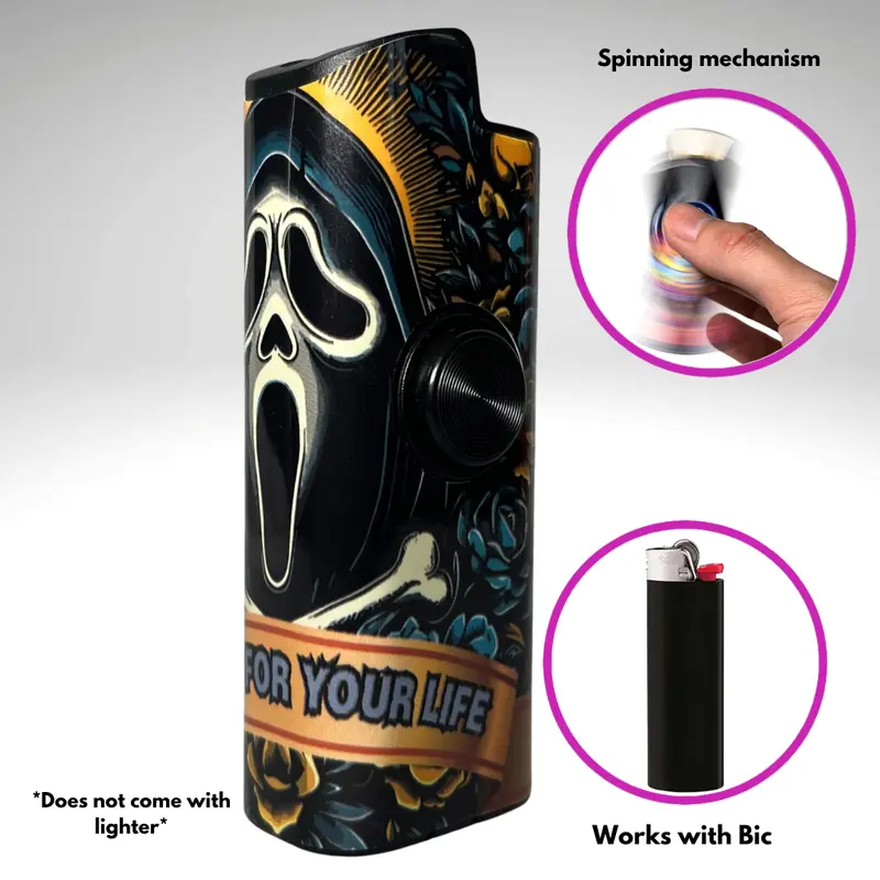 Ghost Man ~ FLKR LYTR Fidget Spinner Lighter Accessory, Portable Novelty Case for Bic Lighters, Durable High-Quality Polypropylene Body