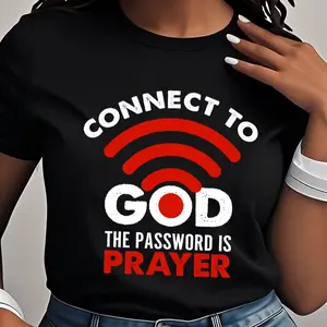 [Inspirational Polyester Tee] Polyester Women's Inspirational T-Shirt, Crew Neck, Short Sleeve, Connect to God Letter Print, All-Season Casual Tee, 100% Polyester Knit, Regular Length, 180gsm
