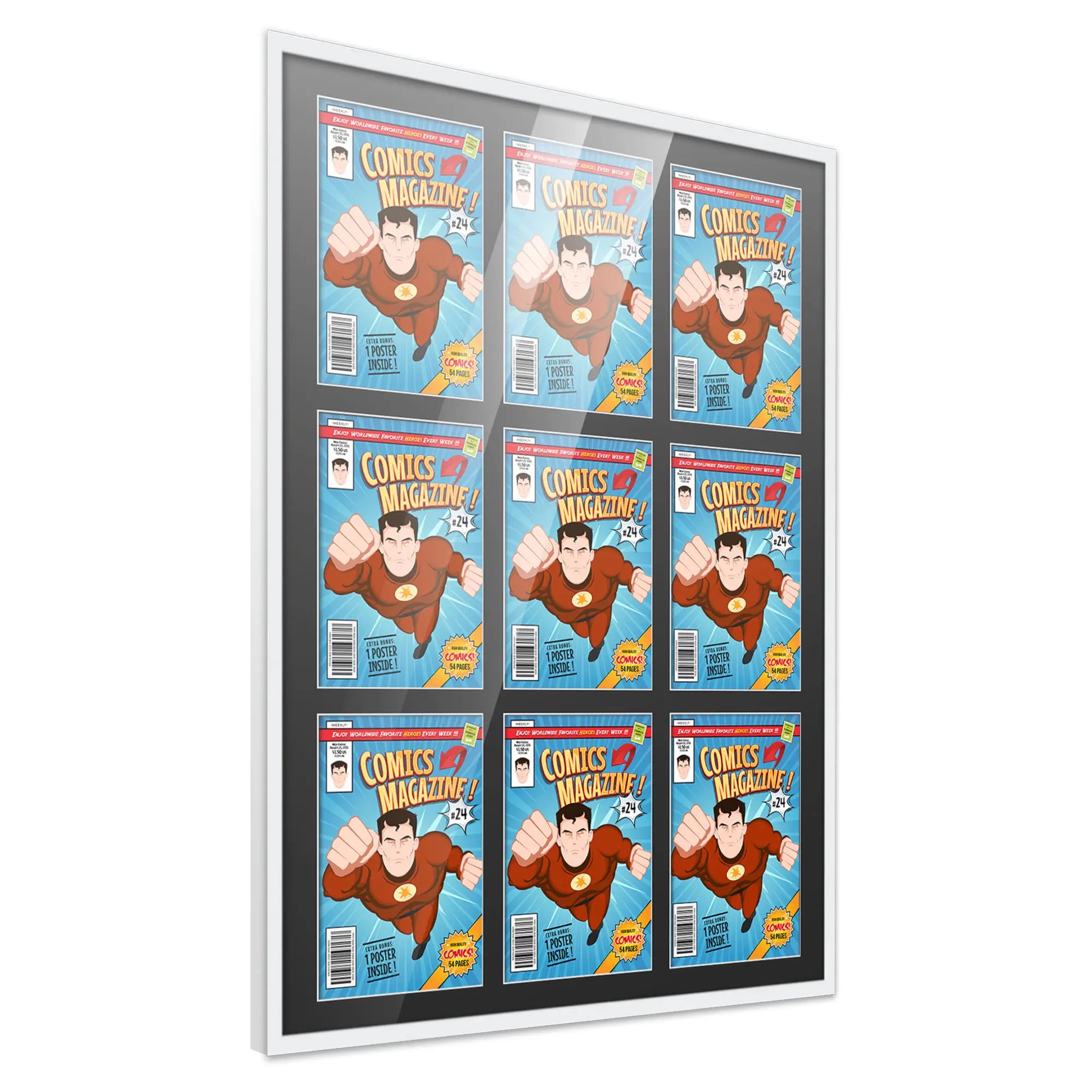 Comic Book Frame with Mat for 9 Current Era Comics Published After 1985 - White Wood Comic Frame With Black Mat for 6.875x10.5 Comics - 29x38.5 Frame Size