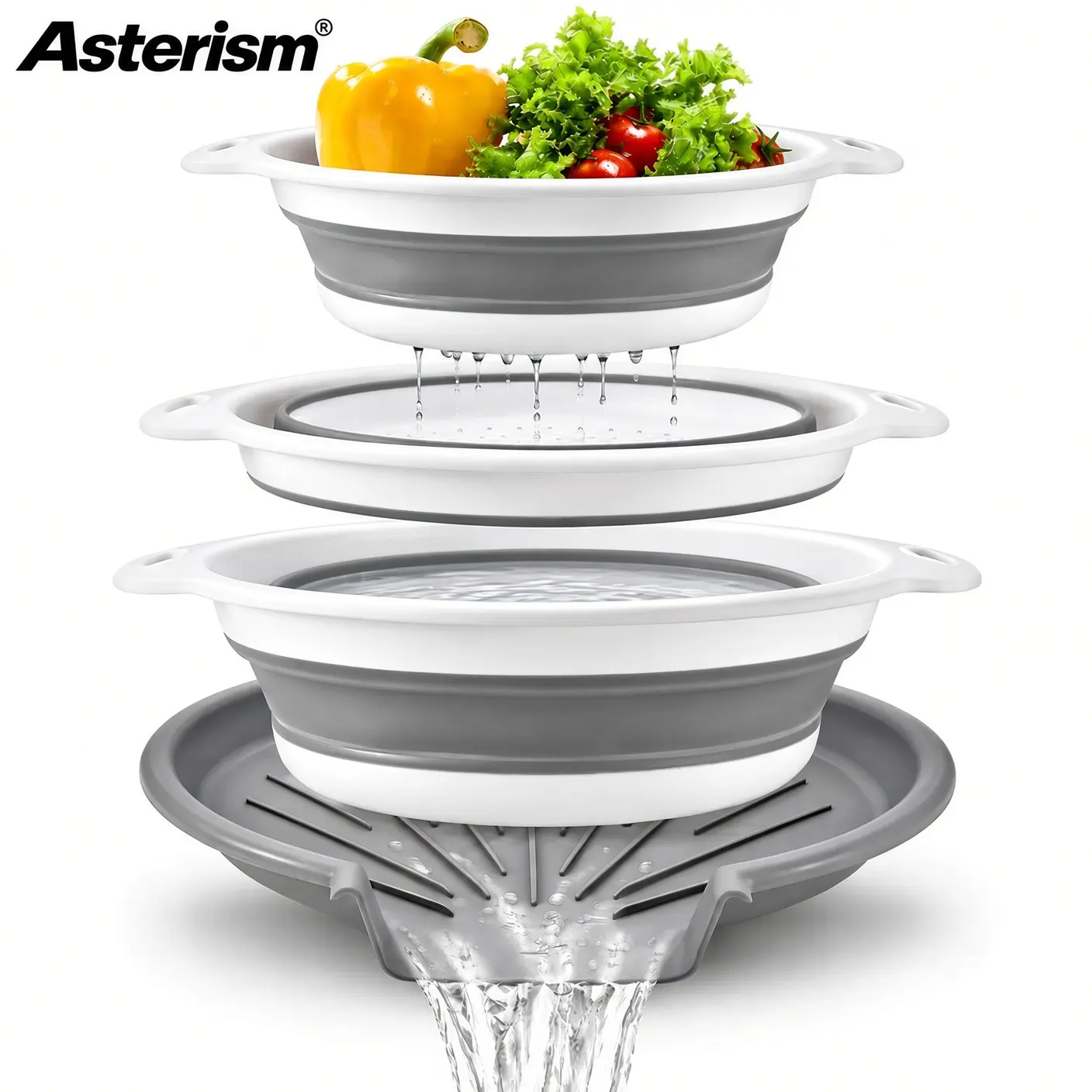 Collapsible Kitchen Colanders, Space-Saving Folding Strainer Set in 8, 9.5 & 11.5 Inch Sizes for Draining Pasta, Rice, Fruits and Vegetables, Gray & White