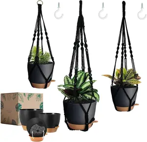 3 Pack Self Watering Hanging Planters Macrame  Hangers with Indoor Flower Pots, 3 Different Size Hanging Basket,  Hanger with Hooks for Garden  Decor Black