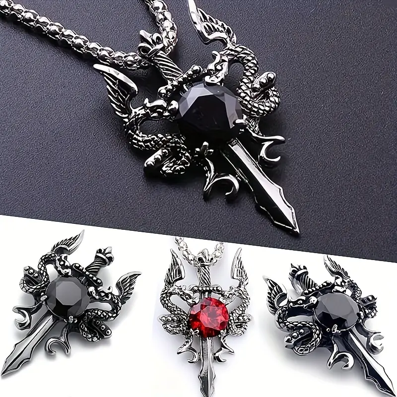 Gothic Knight Pendant Necklace with Double Dragon Sword Cross, Vintage Punk Rock Alloy Jewelry with Red & Black Gemstones for Couples, Parties & Campus Gifts, Campus Related
