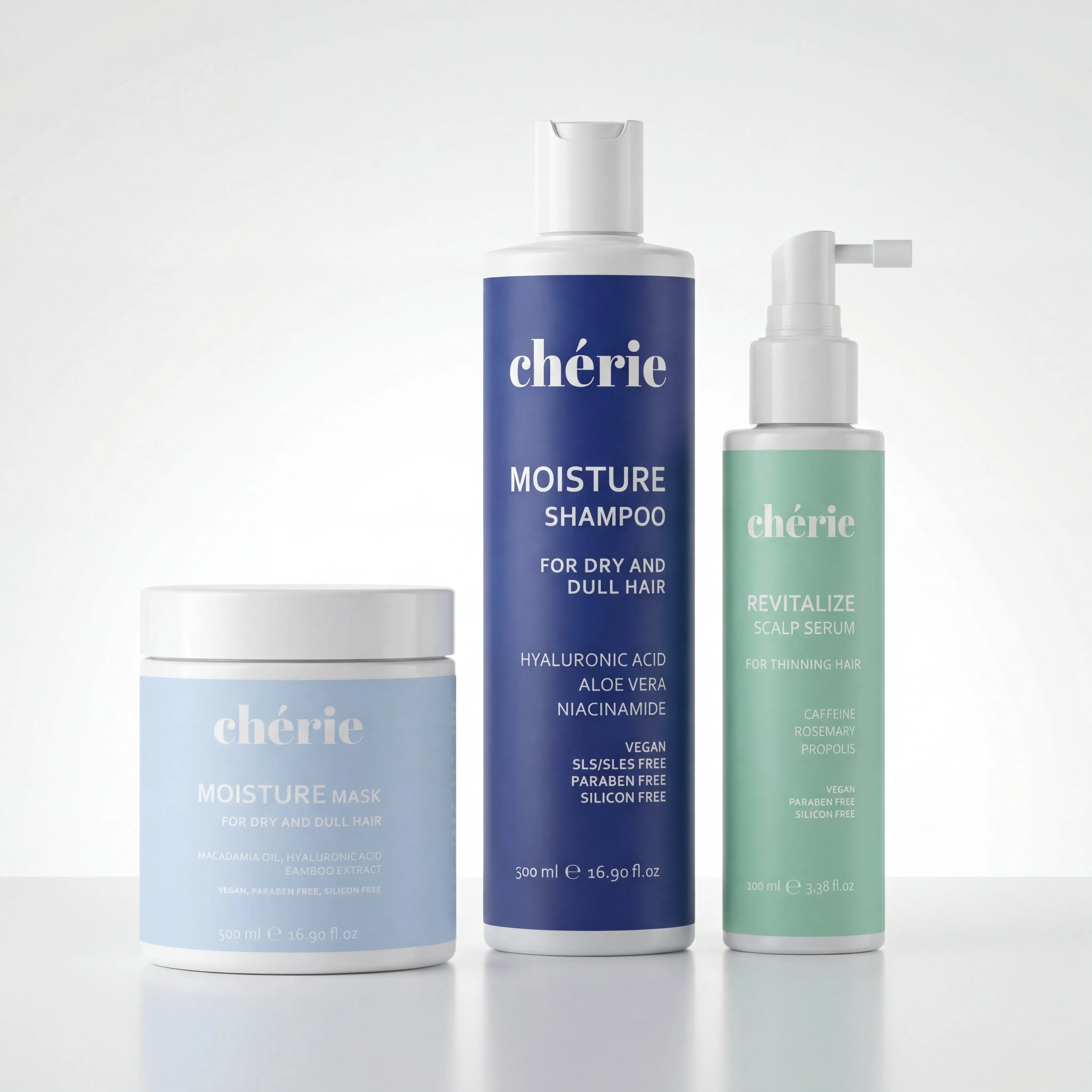 Chèrie Dry & Itchy Scalp Bundle - Shampoo 500ml + Mask 500ml + Scalp Serum 100ml