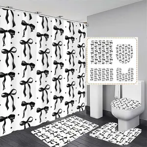 Background Polka Dot Bow Print Shower Curtain Set, Includes 12 Hooks, No-Drill Bathroom Divider, Modern Home Decor Gift