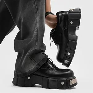 [High Top Platform Derby Boots] Men's Solid Color High Top Platform Derby Boots, Comfy Non Slip Durable Rubber Sole Microfiber Upper Dress Shoes, Men's Daily Footwear