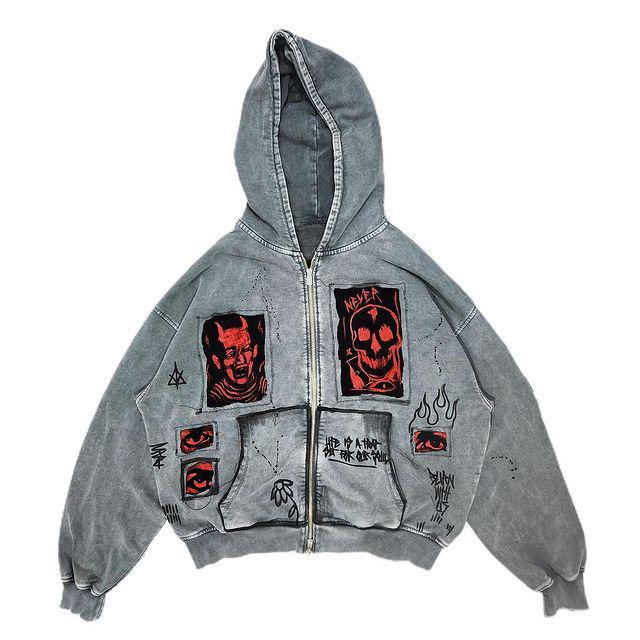 Vintage Washed Grey Oversized Zip Up Hoodie, Gothic Skull Demon Graphic Print Streetwear, Y2K Grunge Embroidered Patchwork Jacket, Punk Harajuku Casual Sweatshirt for Men Women