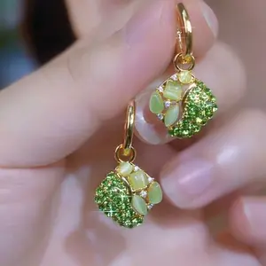 Unique design with a sweet and fashionable vibe DDES0707 green cat's eye stone square diamond-studded earrings 14K Gold-Plated