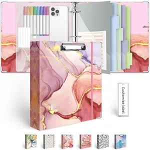 3 Ring Binder 2 Inch, Three Ring Binders Organizer with Clipboard, 5-Tabs Pockets Dividers, Plastic Folder, 18 Divider Stikers,   Decorative Binder with Pen Loop ( Marble, Letter Size)