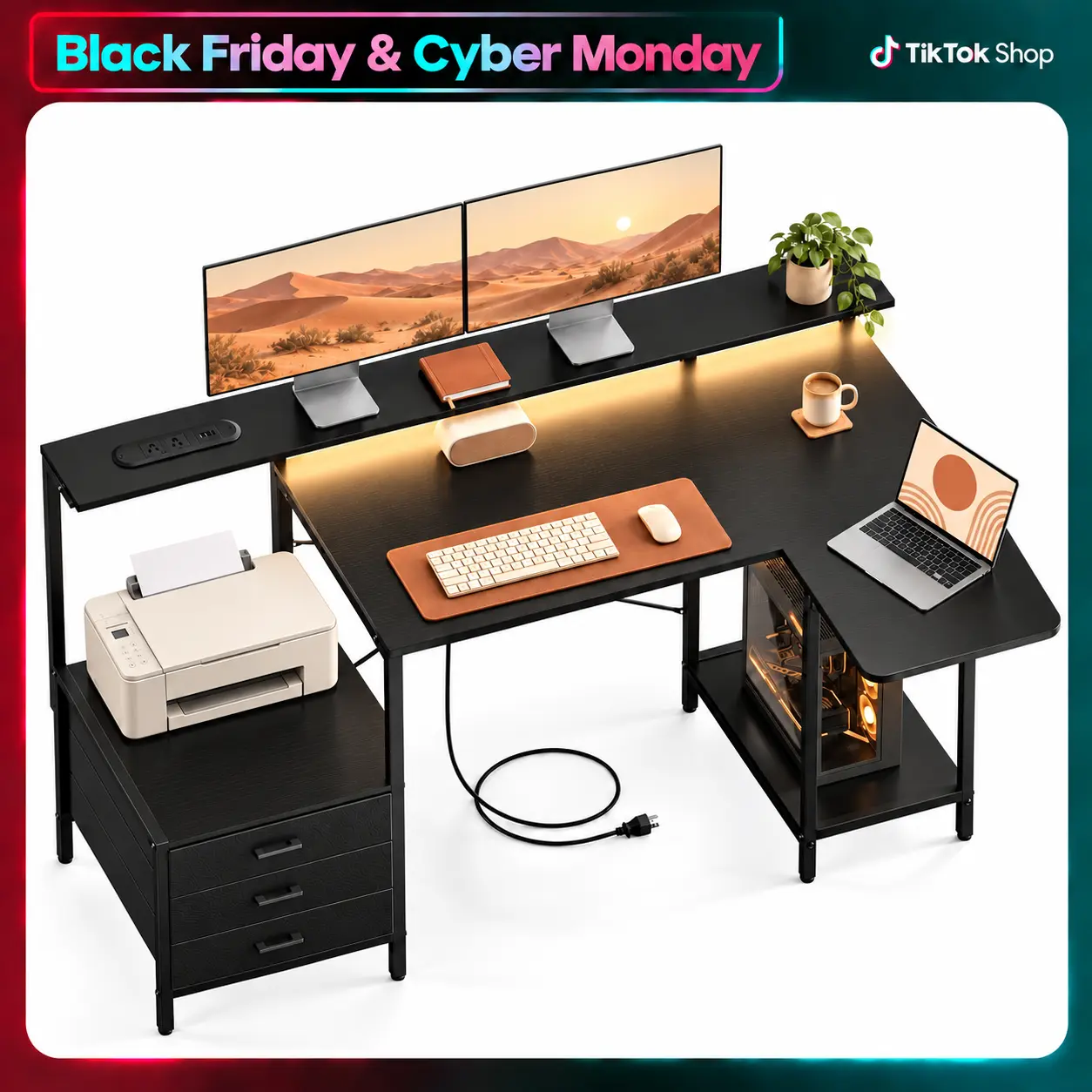 55in Gaming Desk with LED Lights, Built-in Power Outlet, Fabric Drawers, Storage Shelves, Monitor Riser, CPU Stand & Reversible Drawer Tower - Office Furniture PC Workstation for Gaming, Desk for Bedroom familyfun