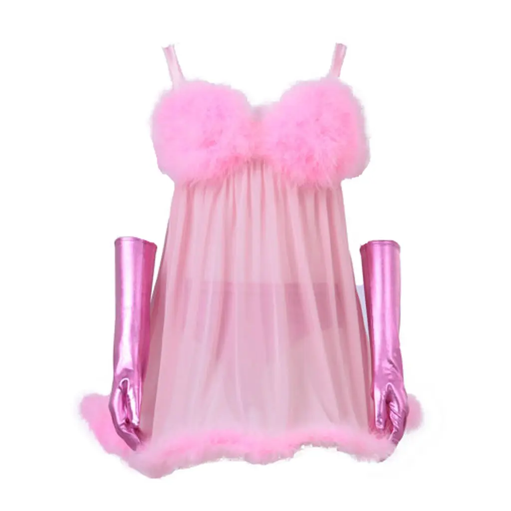 Women's Austin Powers Fembot Comic Cosplay Costume Set - Fitted Pink Dress with Feather Straps, Adjustable Stretchy Fabric Gloves, Matching Alien-Vibe Accessories