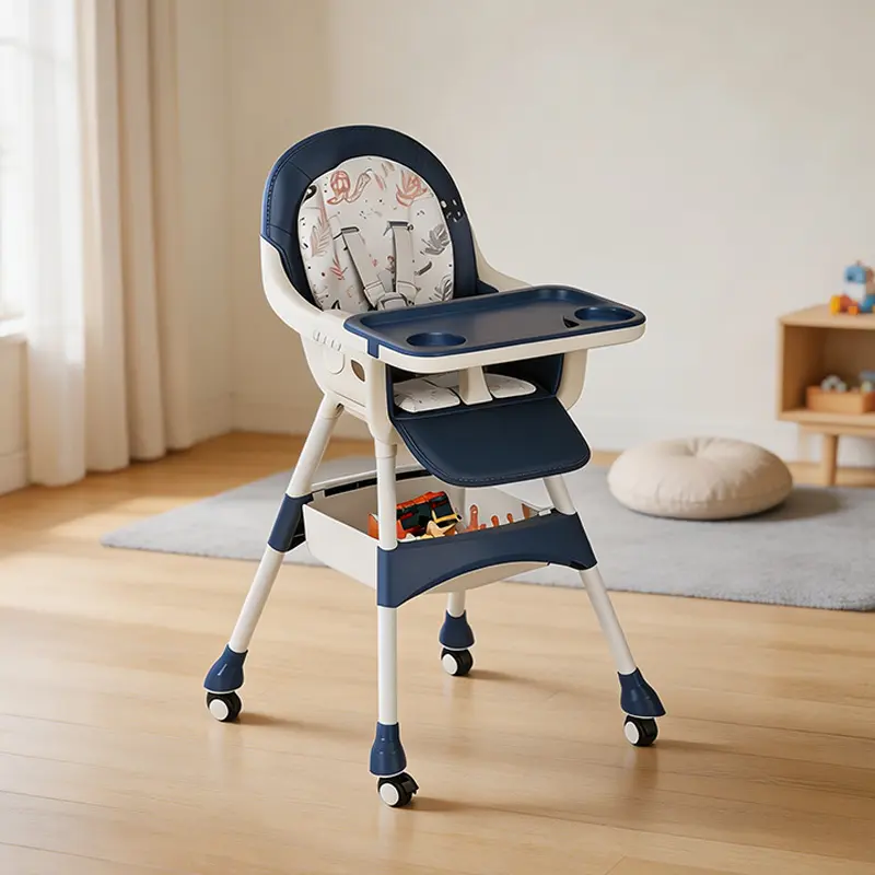 Portable Baby High Chair, Multi-Use Toddler Feeding Chair With Lockable Wheels, Toy Storage Basket & Removable Washable Cushion, Stable Dining Chair For Infant Daily Feeding - Blue