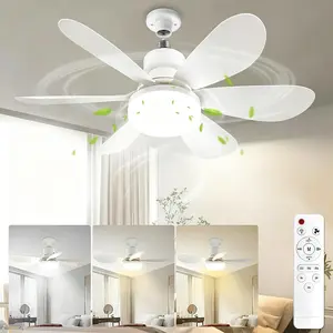 Screw In Ceiling Fan Light with Low Noise, 6 Blades, 3 Gear Wind Speed, Adjustable Brightness, 3 Color Lighting for Small Room, Garage and Rental House
