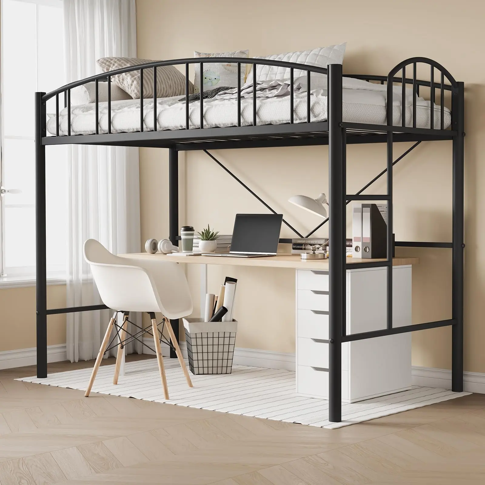 Twin Size All-Steel Loft Bed Frame with Ladder, Arched Safety Rail, Secure Heavy-Duty Steel Slats Support, Small Space-Saving Design, Easy Setup, Quiet Experience, No Box Spring Needed, Black for Kids, All-Steel Bed Frames, Sturdy