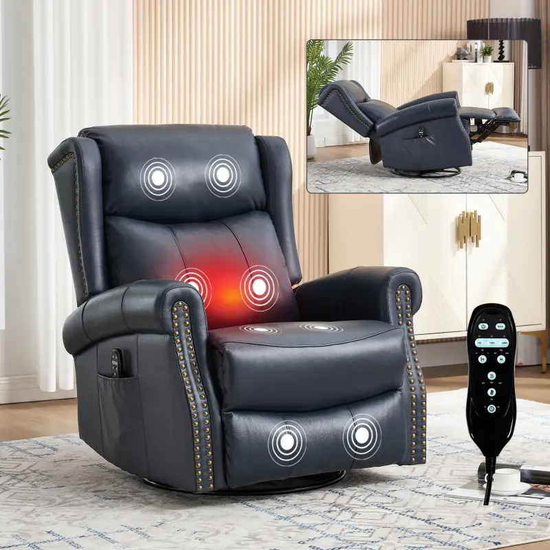 Power Lift Chairs Recliners for Elderly with Massage and Heat, Adjustable Footrest, Wingback Genuine Leather Rocking Recliner with Lumbar Heat & Massage, 8-Point Vibration Massage for Living Room Bedroom