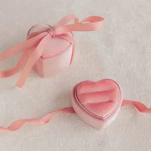 Pink Velvet Heart Ring Box by Caitlyn Minimalist - Ring Storage Case with Ribbon - Coquette Gift Boxes - Romantic Anniversary Gift for Her