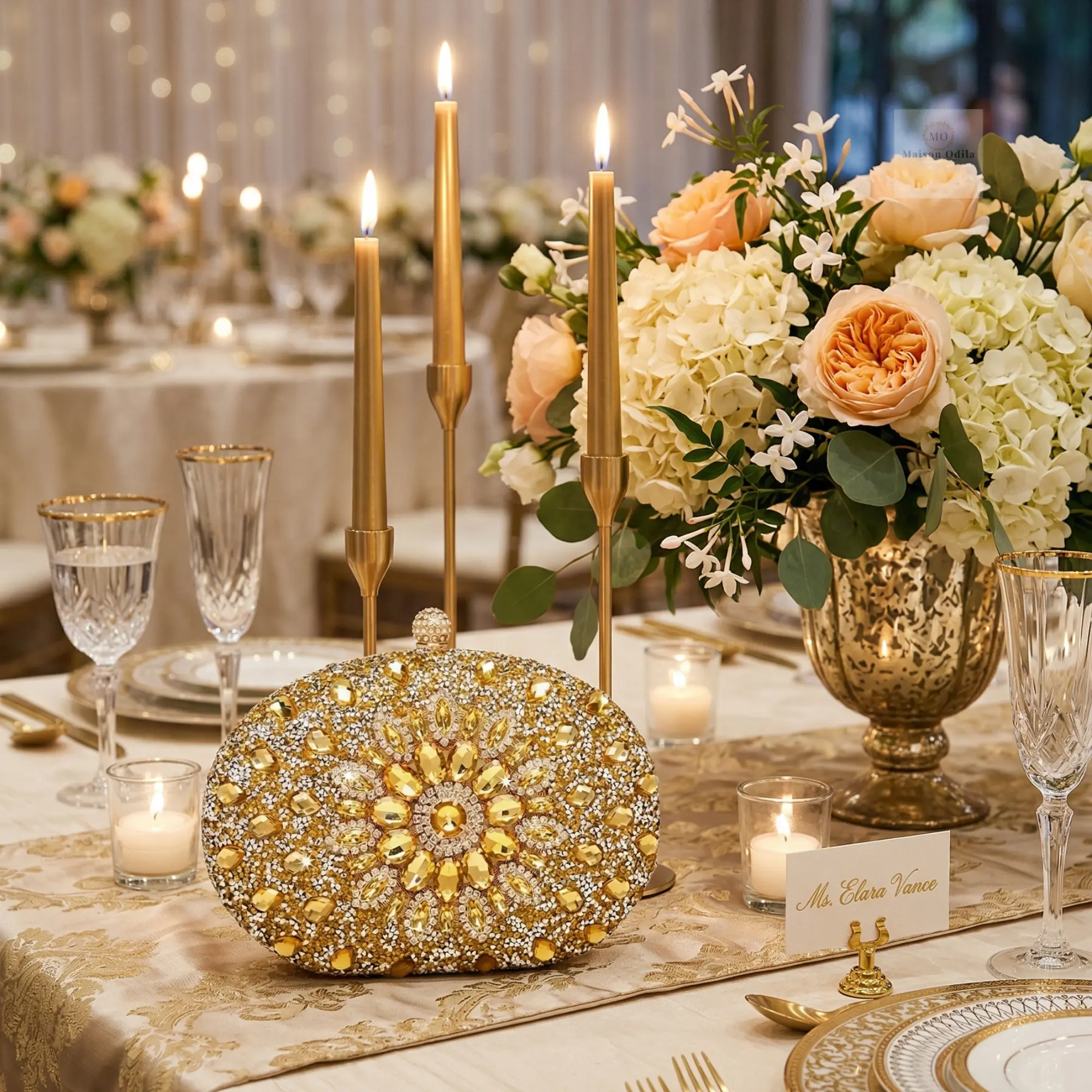 Maison Odila Glam Set – Rhinestone Evening Clutch with Gold Plated Hand Chain | Elegant Formal Bag for Weddings, Parties & Special Occasions