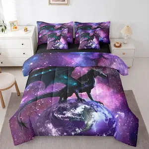 Feelyou 7-Piece Purple Nebula Dragon Soft Bedding Set - Breathable Quilt, Bedsheet Sets, Blanket, Mysterious Outer Space Bed-in-A-Bag with Safari Wildlife Animals for Room Decor, Blanket Set