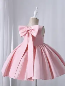 Toddler Girl's Big Bow Decor Mesh Sweater Dress, Elegant Cute Princess Dress for Party Wedding Guest, Kids Clothes for All Seasons, Solid Colored Dress