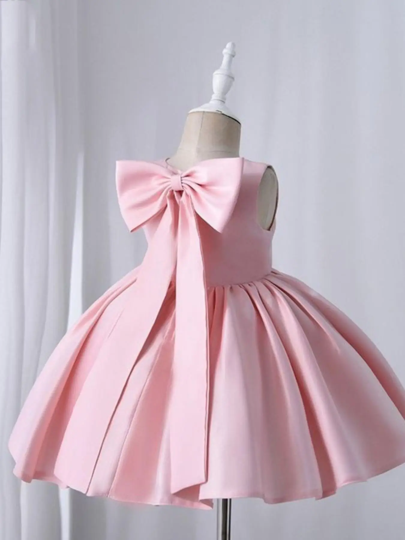 Toddler Girl's Big Bow Decor Mesh Sweater Dress, Elegant Cute Princess Dress for Party Wedding Guest, Kids Clothes for All Seasons, Solid Colored Dres