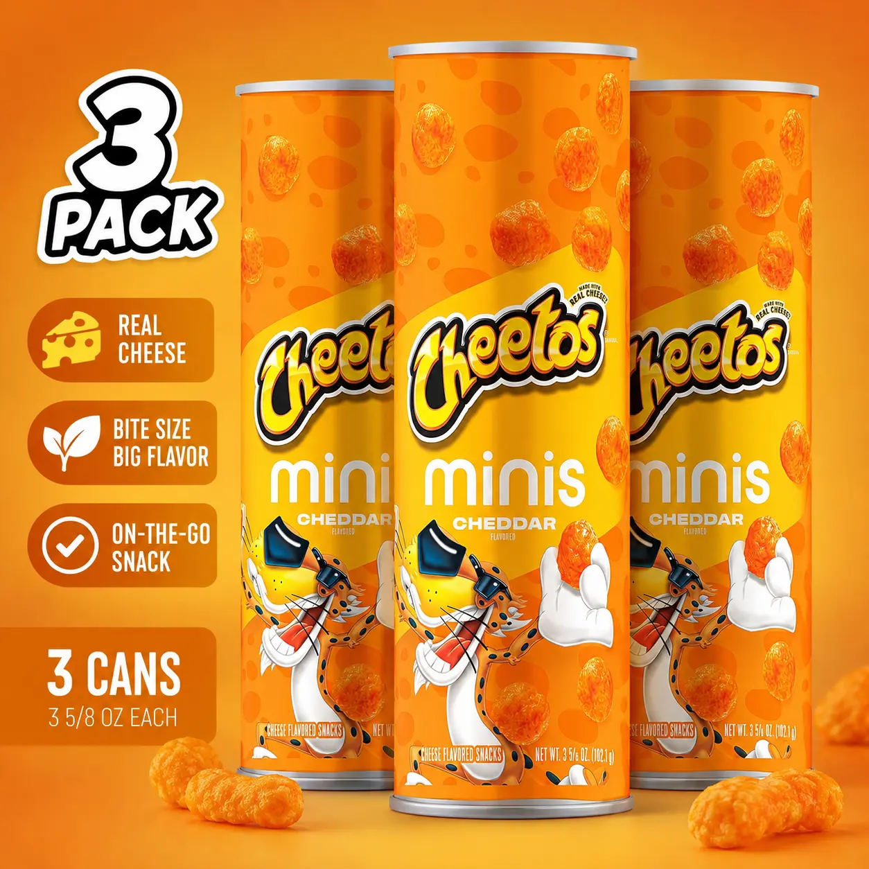 Snack Size Cheese Puffs, Cheddar Flavor, 3.625 Oz Can, 3 Pack, Crunchy Cheese Snacks, On-the-Go Pantry Snack