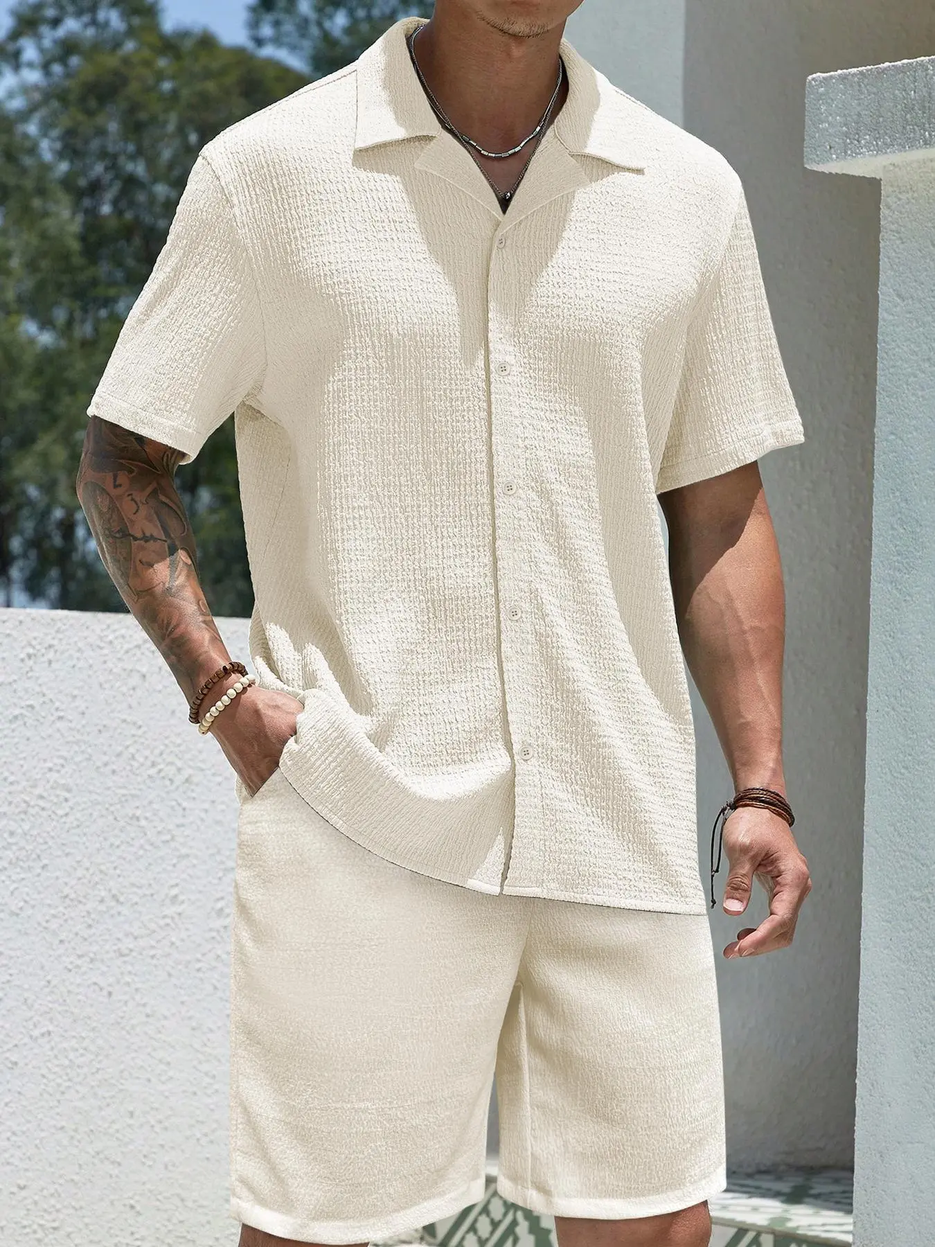 Men's Solid Short Sleeve Shirt & Shorts Two-Piece Set, Regular Fit Casual Button-Down Collared Top, Summer Beach Vacation Outfit Menswear