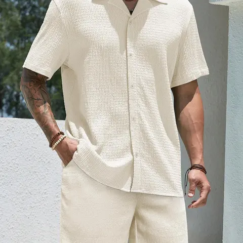 Men's Solid Short Sleeve Shirt & Shorts Two-Piece Set, Regular Fit Classic Casual Button-Down Collared Top, Summer Breathable Beach Vacation Outfit Menswear