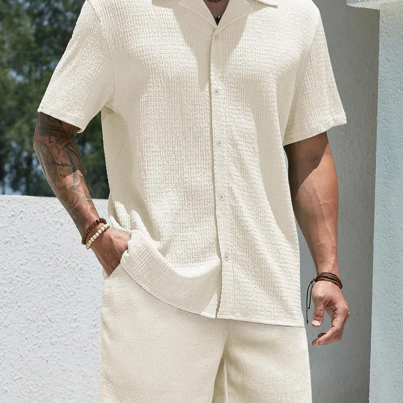 Men's Solid Short Sleeve Shirt & Shorts Two-Piece Set, Regular Fit Classic Casual Button-Down Collared Top, Summer Breathable Beach Vacation Outfit Menswear