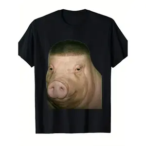 Funny Pig Character Fade Haircut Graphic T-Shirt | Men's 100% Cotton Casual Crew Neck Short Sleeve Tee | Daily Wear Sizes S-5XL